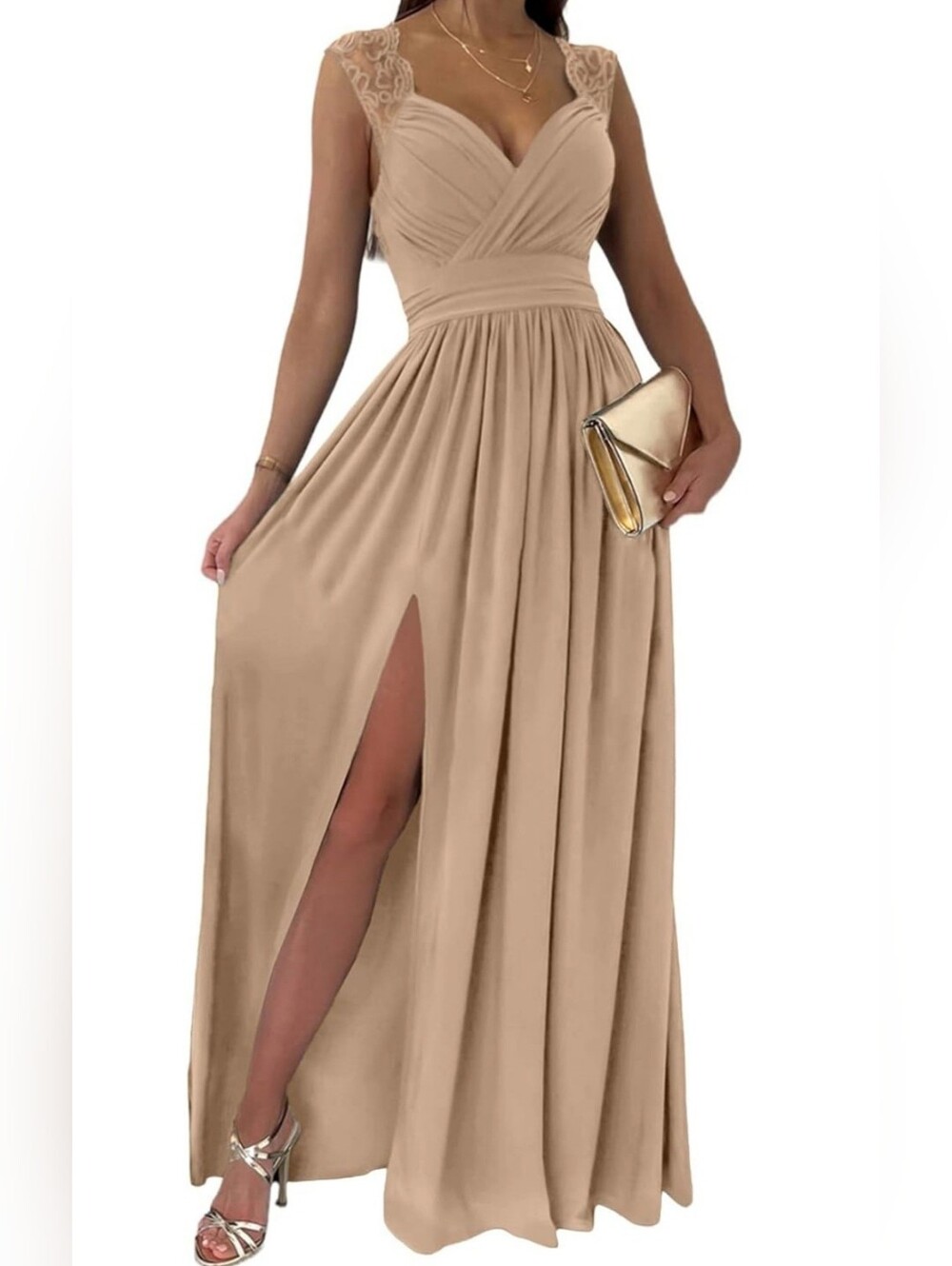 Source Unknown Beige Maxi Dress with Lace Shoulders